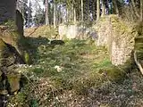 Der Halsgraben nach Nordwesten mit dem Fundament der Quermauer