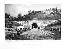 Das Südportal des Burgbergtunnels, Stahlstich von Carl August Lebschée, 1881