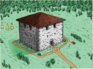 Rekonstruktionsversuch des Burgus Bacharnsdorf nach den Befunden von 1985, Ansicht von Nord-Ost