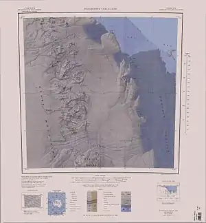 Kartenblatt Pomerantz Tableland von 1968, der Pryor-Gletscher fließt im Norden der Karte in West-Ost-Richtung