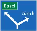 «Vorwegweiser auf Hauptstrassen»: Vorwegweiser einer Hauptstrasse, mit Hinweis auf einen nahen Autobahnanschluss (in grün)