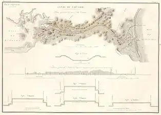 Früher Plan (1834), der eine andere als die tatsächlich gebaute Trasse zeigt.