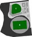 Plan des Sportkomplexes Ciudad Deportiva. 1. Estadio Nuevo Laredo, 2. Mehrzweckhalle Gimnasio Multidisciplinario Nuevo Laredo, 3. Tennis- und Squash-Plätze, 4. Fußballstadion