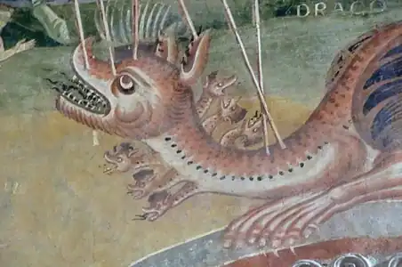 Detail der Szene der Apokalypse: der Drache mit sieben Köpfen