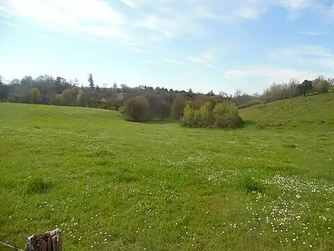 Blick ins Trockental Combe Falide beim Schloss Montcheuil