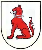 Rüde im Wappen der Constaffel (Stubengesellschaft, trifft sich im Haus zum Rüden)