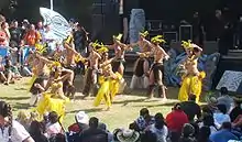 Tänzer auf der Bühne der Cook Islands. 3 Reihen von männlichen Tänzern und drei Frauen, alle in gelb-schwarzen Baströcken.