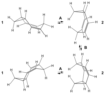 Homotropiliden: A: Gleichgewicht zwischen trans-Konformation 1 und cis-Konformation 2 B: degenerierte Cope-Umlagerung