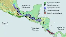 Topografische Mittelamerikakarte mit eingezeichneten Verbreitungsgebieten