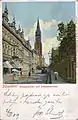 Blick durch die Blumenstraße mit dem Turm der Johanneskirche (Ansichtskarte, um 1909)