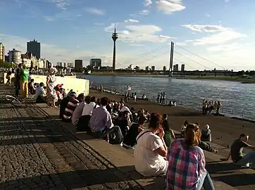 Blick von der Freitreppe auf den Rhein und die Skyline