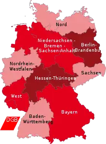 Bezirke des DGB (alter Stand 2016, neuer Stand siehe interaktive Karte unter https://www.dgb.de/uber-uns/dgb-heute/bezirke-regionen )