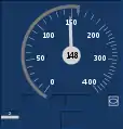 Tachoscheibe während planmäßiger, unbehinderter Fahrt (Ceiling Speed Monitoring). Bei einer zulässigen Geschwindigkeit von 160 km/h wird momentan 148 km/h gefahren. Eine Bremskurvenüberwachung ist nicht aktiv.