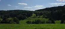 Blick von Seelenberg zum Pass Kittelhütte zwischen Hühnerberg-Nebenkuppe Moosheck (links) und der Südkuppe des Windhain (rechts)