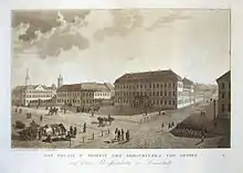 Radierung von Josef Sandhaas: Ansicht des Palais des Großprinzen von Hessen (Altes Palais) am Luisenplatz (nach 1803)