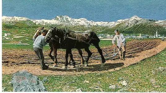 Das Pflügen (L’aratura) von Giovanni Segantini mit Piz Toissa und Piz Curvér im Hintergrund