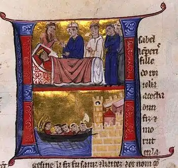 Der Tod der Jolanda von Jerusalem, Miniatur in einer Handschrift aus dem 13. Jahrhundert