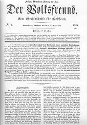 Titelseite der 1. Ausgabe des „Westfälischen Volksfreundes“.