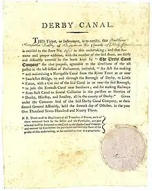 Gründeraktie der Derby Canal Company, ausgegeben am 7. Oktober 1793, gedruckt auf Pergament. Aus dem auf der Aktienurkunde abgedruckten vom Parlament verabschiedeten Gesetzentwurf geht hervor, dass der Zweck der Gesellschaft auch der Bau der Derby Canal Railway war. Die Aktie des Derby Kanals dokumentiert hiermit den weltweit erstmalig mit Aktien finanzierten Eisenbahnbau bereits im 18. Jahrhundert.