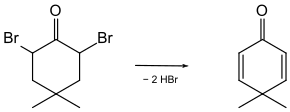 4,4-Dimethyl-2,5-cyclohexadienon aus 2,6-Dibrom-4,4-dimethylcyclohexanon. Als Base wird Calciumcarbonat in Dimethylformamid (DMF) verwendet.