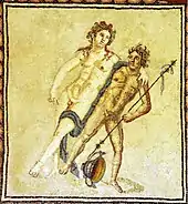 Dionysos stützt sich betrunken auf einen Satyr (Mosaik aus dem Peristylhaus mit dem Dionysosmosaik, Köln)