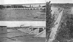 Dock Street Dam kurz vor der Fertigstellung 1915(Oben links: Fachwerkbrücke der Philadelphia, Harrisburg and Pittsburgh Railroad hinter dem Wehr)