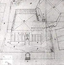 Ansicht um 1700 (Langhausmauer der Kirche noch erhalten)