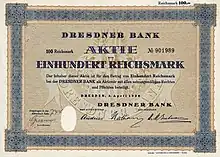 Aktie der Dresdner Bank vom 3. April 1928 mit den Unterschriften von Franz Friedrich Andreae, Henry Nathan und Herbert M. Gutmann