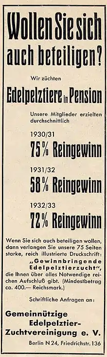 Werbung für die Beteiligung an der Edelpelztierzüchtung als Kapitalanlage (1933)