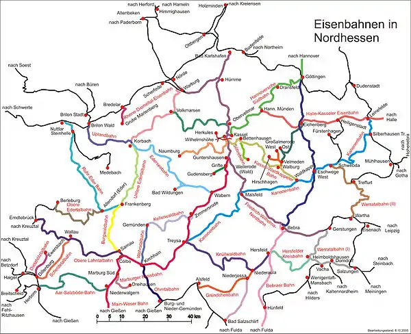 Lage der Rhene-Diemeltalbahn im Streckennetz von Nordhessen.