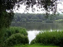 Bei Schieder führt der Emmerweg am Ufer des Emmerstausees und dem anliegenden Ortsteil Glashütte entlang.