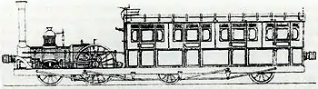 Zeichnung des Enfield-Dampftriebwagen, einer der ersten Dampftriebwagen, 1849