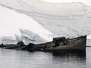 Wrack des norwegischen Fabrikschiffs Guvernøren vor Enterprise Island im Foyn Harbour