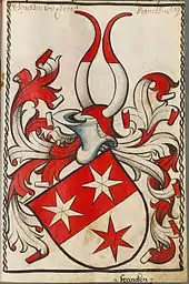 Stammwappen der Herren von Erbach nach dem Scheiblerschen Wappenbuch. Geteilt von Rot und Silber, oben zwei sechsstrahlige silberne Sterne, unten ein roter sechsstrahliger Stern. Auf dem Helm mit rot-silbernen Decken zwei von Silber und Rot geteilte Büffelhörner.