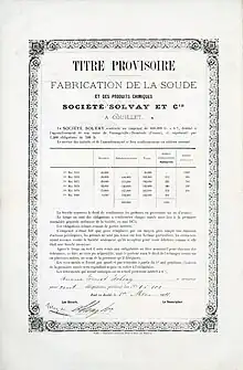 Globalzertifikat über 100 Anleihen Nr. 1–100 der Société Solvay & Cie. zu je 500 Francs, ausgegeben am 1. Mai 1874 an Ernest Solvay und von ihm eigenhändig unterschrieben als leitender Direktor. Die mit 6 % verzinste Anleihe im Gesamtbetrag von 600.000 Francs wurde aufgenommen für den Bau eines Werkes in Dombasle-sur-Meurthe in Frankreich.