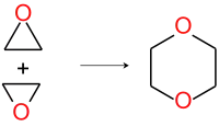 Einfaches Reaktionsschema für die Bildung von 1,4-Dioxan aus Ethylenoxid.