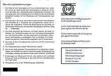 Zu sehen sind links die Nutzungsbedingungen und links Details und rechts das Logo der FIP und der Name des Partners (in diesen Fall die deutsche Bahn).