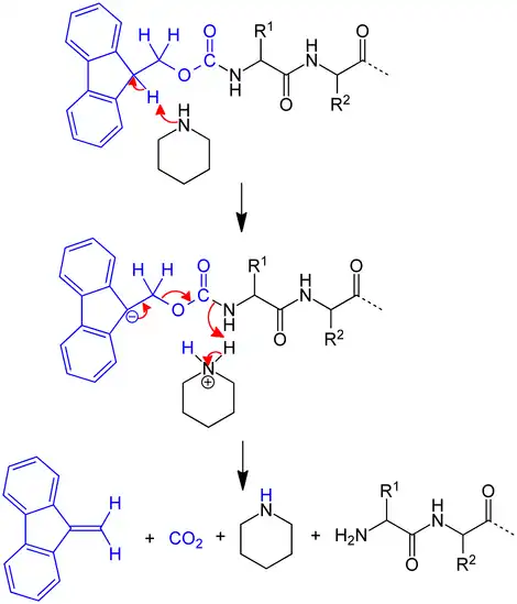 Reaktionsmechanismus der Entschützung von Fmoc-Aminogruppen.