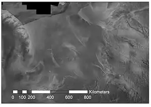 Satellitenbild der ins Filchner-Ronne-Schelfeis mündenden Eisströme. Möllereisstrom rechts im Bild.