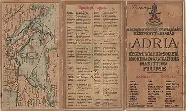 Fahrplan der „Adria AG“ von ca. 1900 mit der Abb. der SS Carola auf der Rückseite und der Angabe von insgesamt 33 eingesetzten Schiffen (282 × 169 mm, Druck: Stabilimento tipo-litografico Emidio Mohovich in Fiume)