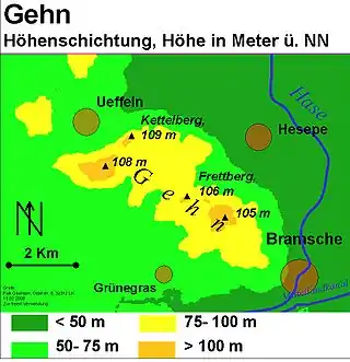 Die höchsten Gipfel des Gehns sind über 100 m hoch