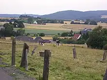 Blick auf Teile der Ortschaft. Im Hintergrund der zur Stadt Preußisch Oldendorf gehörende Limberg