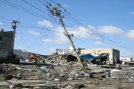 Aus der Verankerung gelöster Strommast (Foto: 27. März 2011)