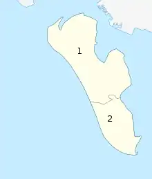 Lage der ehemaligen Kirchspiele Nordby Sogn und Sønderho Sogn in der Fanø Kommune1=Nordby Sogn2=Sønderho Sogn