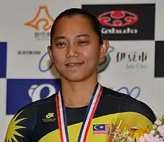 Fatehah Mustapa nach dem Gewinn der Silbermedaille im Keirin bei der Asienmeisterschaft 2016