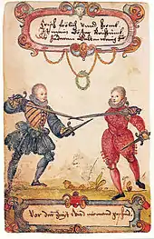 Mit Rapier und Parierdolch fechtende adlige Studenten um 1590