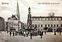 Fischmarkt um 1909 mit Kaiser-Karl-Brunnen, Johanneum und St. Petri