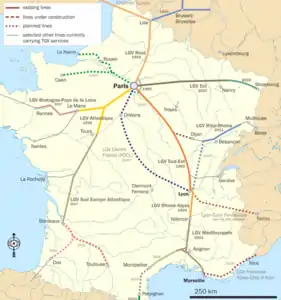 LGV/TGV Netz mit Strecke zwischen Lyon und Avignon entlang der Rhone.