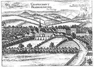 Frankenburg, hinten der Hausrugg mit Hengstberg links und Guggenberg rechts (Vischer, Topographia Austriae superioris, 1674)