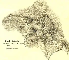 Junghuhns Karte des Diëng-Plateaus in Zentral-Java, aufgenommen in den Jahren 1840 und 1845. Aus: Kaart van het Eiland Java. 2. Blatt. (Breda, 1855).